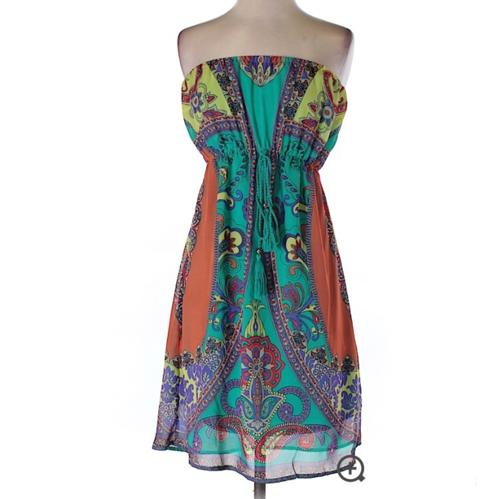 3/ $25 Fab’rik Strapless Teal Printed Dress Small - Picture 1 of 3